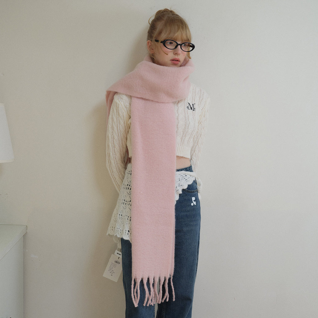 Wool blend fringe scarf, light pink oversized blanket style with long tassel ends