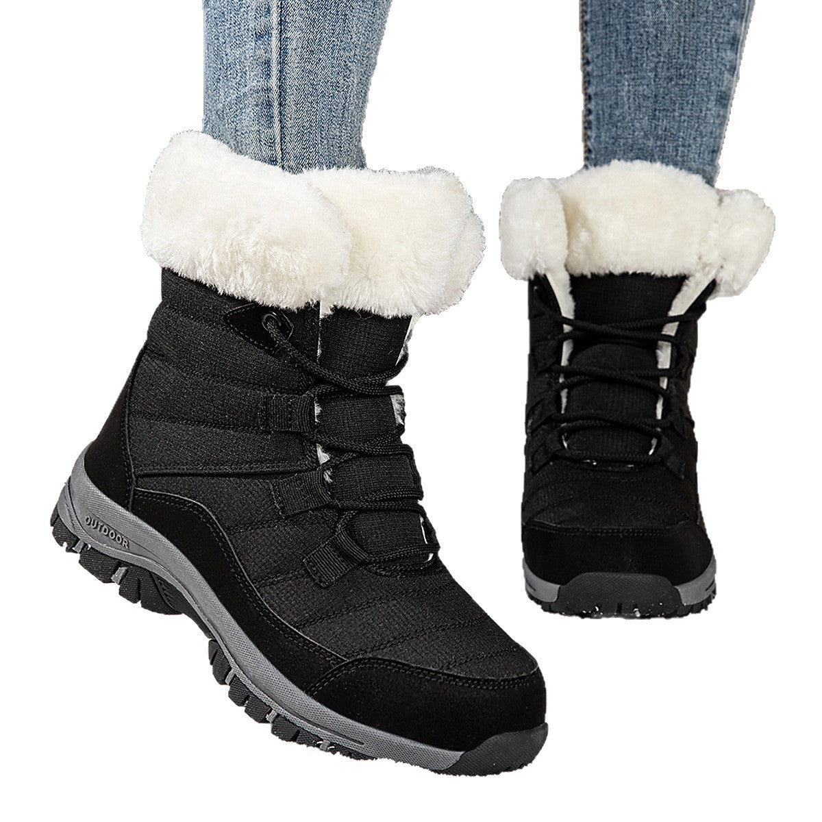 Women’s black lace-up snow boots with faux-fur cuffs and textured lug outsole