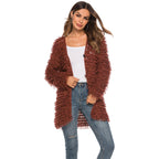 Fuzzy long shaggy loop cardigan, open front V-neck buttons, rust-brown