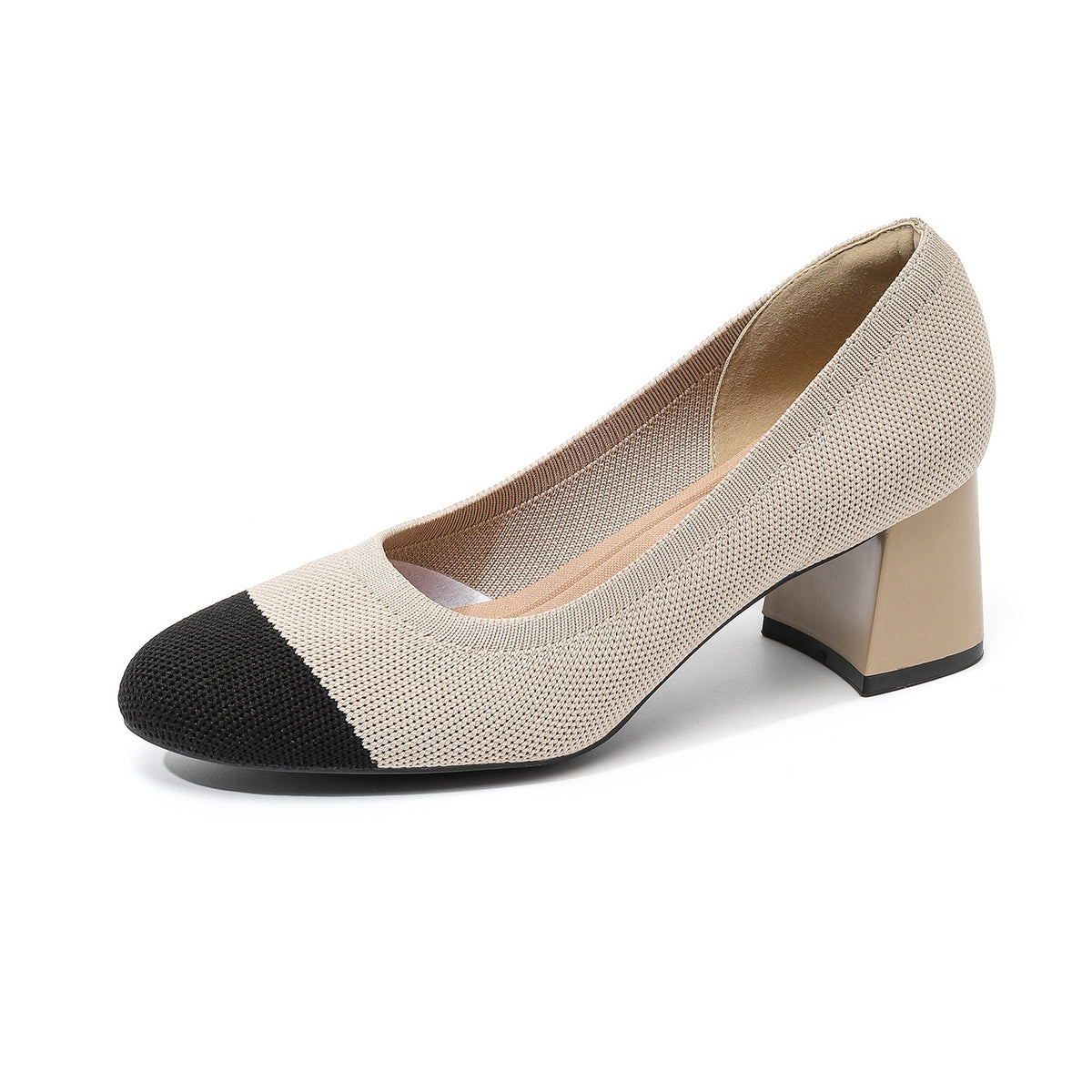 Beige and black two-tone knit slip-on pumps with block heel and rounded toe