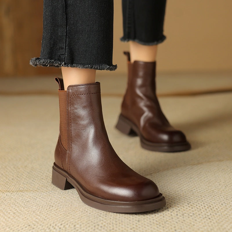 Women’s brown leather Chelsea ankle boots, pull-on style with block heel and elastic sides