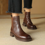 Women’s brown leather Chelsea ankle boots, pull-on style with block heel and elastic sides