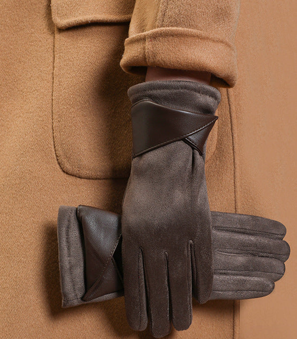 Women’s dark gray velvet gloves with stitched finger panels and cuff overlap