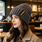 Chunky ribbed beanie in dark gray with folded cuff and letter patch
