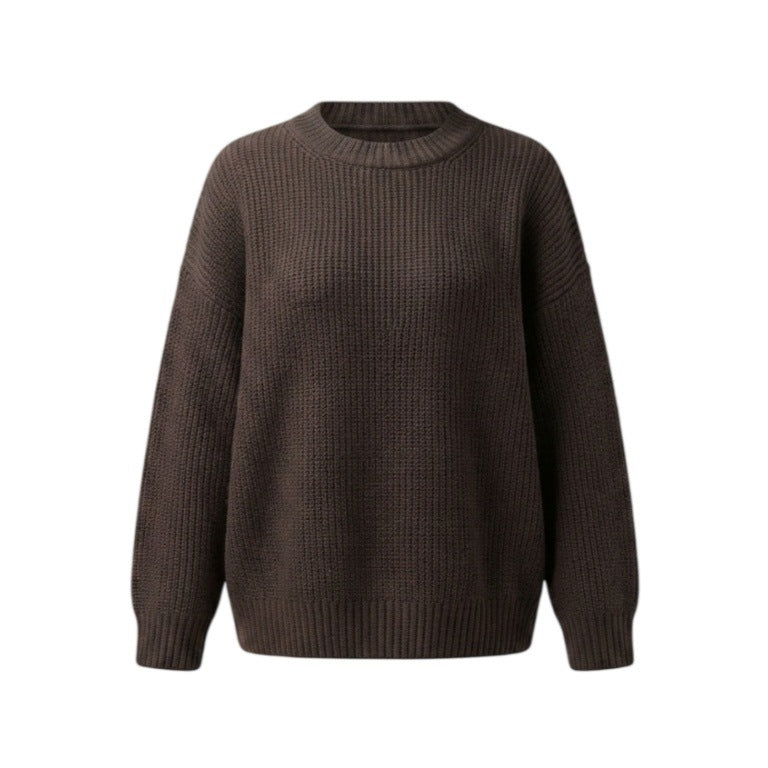 Brown crewneck knit pullover sweater with ribbed neckline cuffs and hem, flat lay