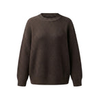 Brown crewneck knit pullover sweater with ribbed neckline cuffs and hem, flat lay