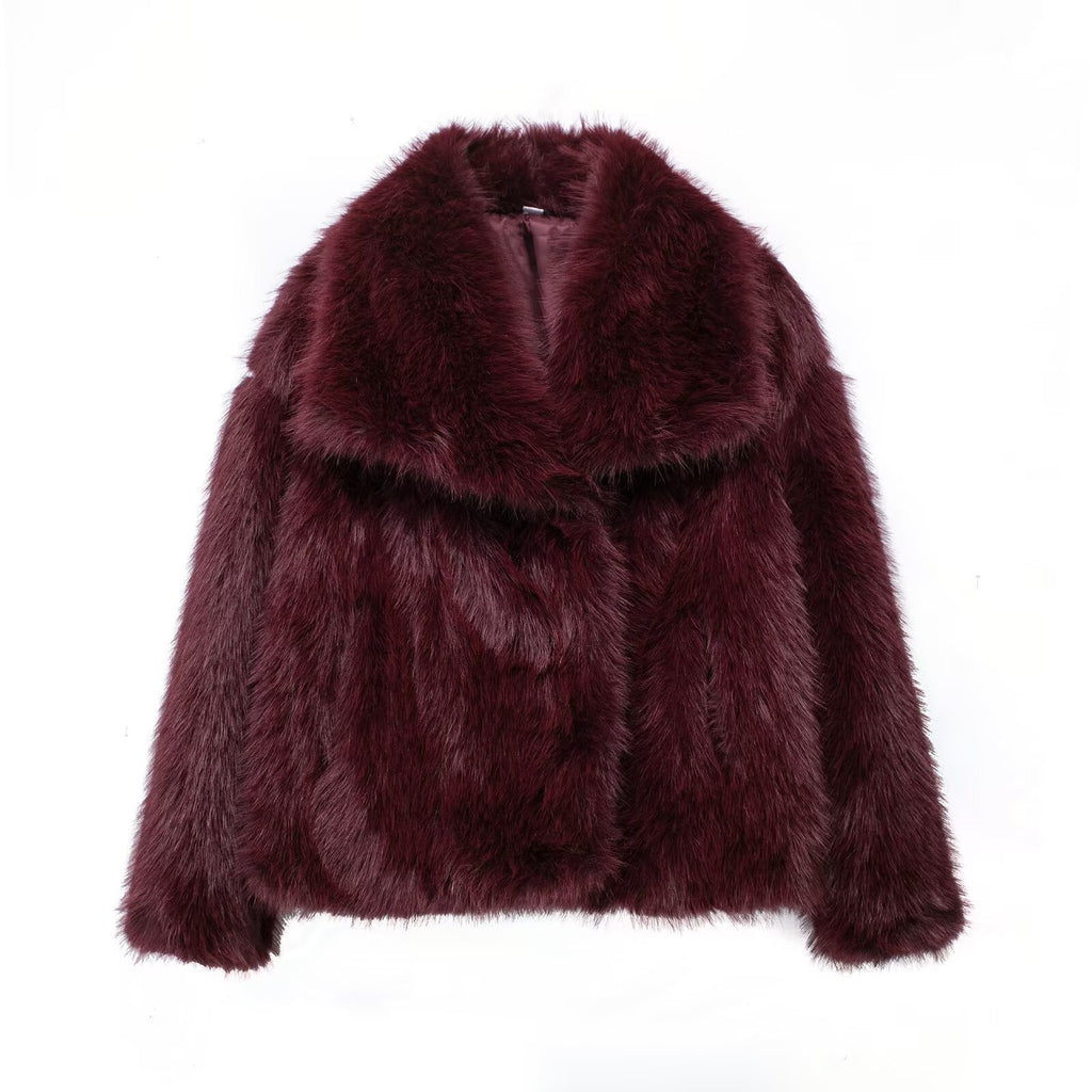 Burgundy faux fur oversized shaggy jacket with wide lapel collar, short coat