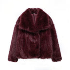 Burgundy faux fur oversized shaggy jacket with wide lapel collar, short coat