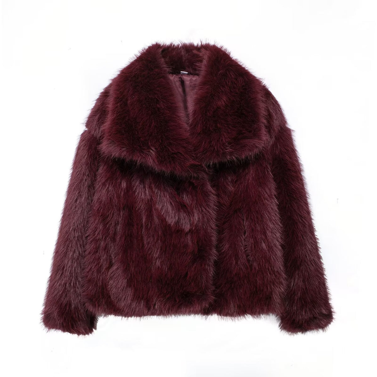 Burgundy faux fur oversized shaggy jacket with wide lapel collar, short coat