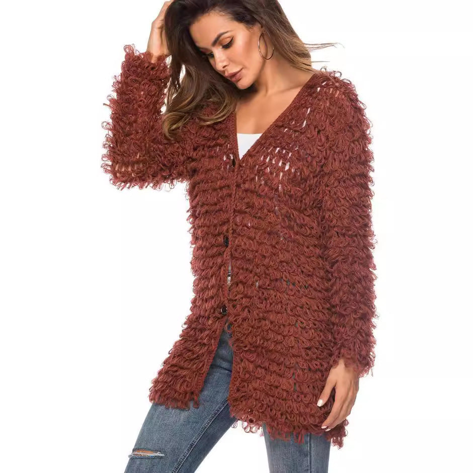 Fuzzy long shaggy loop cardigan, V-neck button front, rust-brown