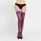 Purple sheer thigh-high stockings with lace tops, matching brief set shown