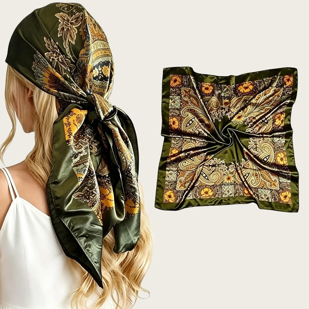 Large satin square scarf in olive green with gold paisley print, tied head wrap