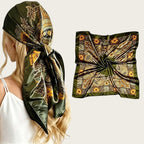 Large satin square scarf in olive green with gold paisley print, tied head wrap