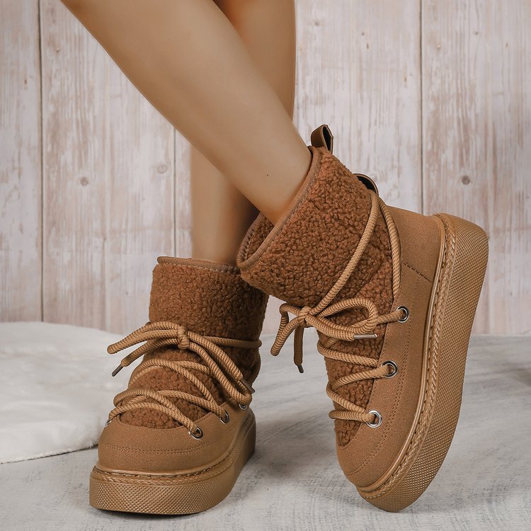 Brown sherpa lace-up snow boots with wrap laces and fuzzy ankle lining