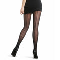 Black sheer back-seam tights with straight leg coverage, close-up view