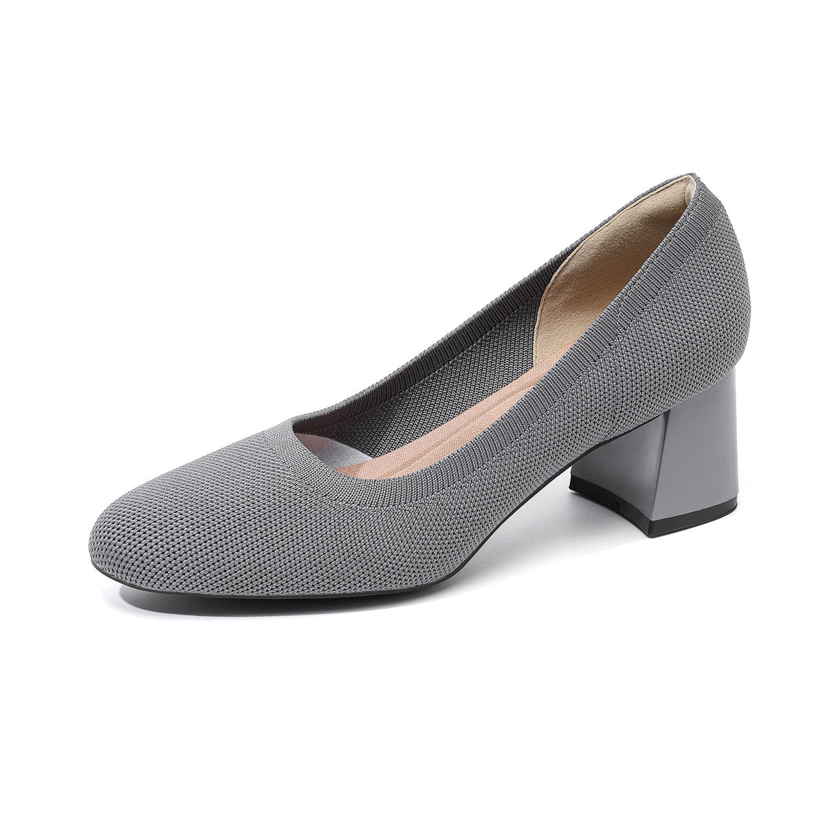Gray knit slip-on pumps with block heel and rounded toe