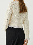 Cropped pointelle sweater, off-white open knit with scalloped eyelet lace hem and ribbed cuffs