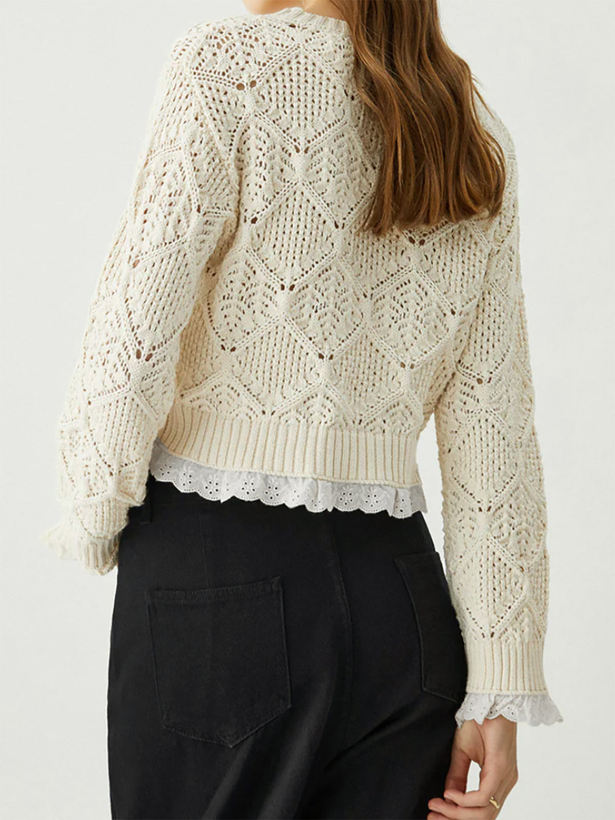 Cropped pointelle sweater, off-white open knit with scalloped eyelet lace hem and ribbed cuffs