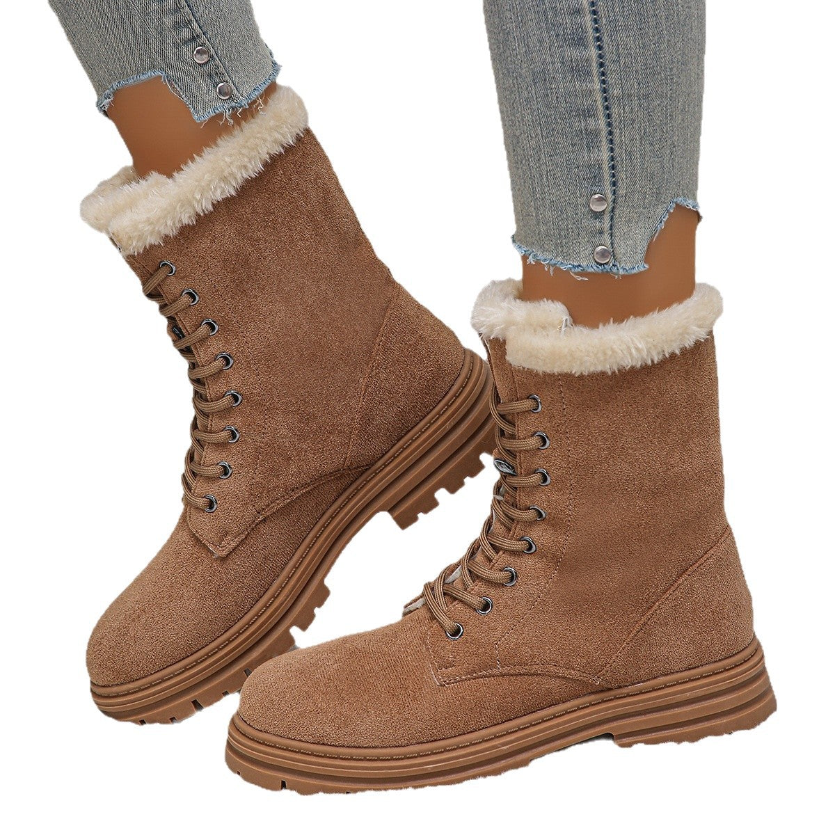 Camel faux suede lace-up boots with fuzzy cuff and rugged lug sole detail