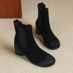 Women’s black suede ankle boots with elastic gore and chunky block heel, slip-on