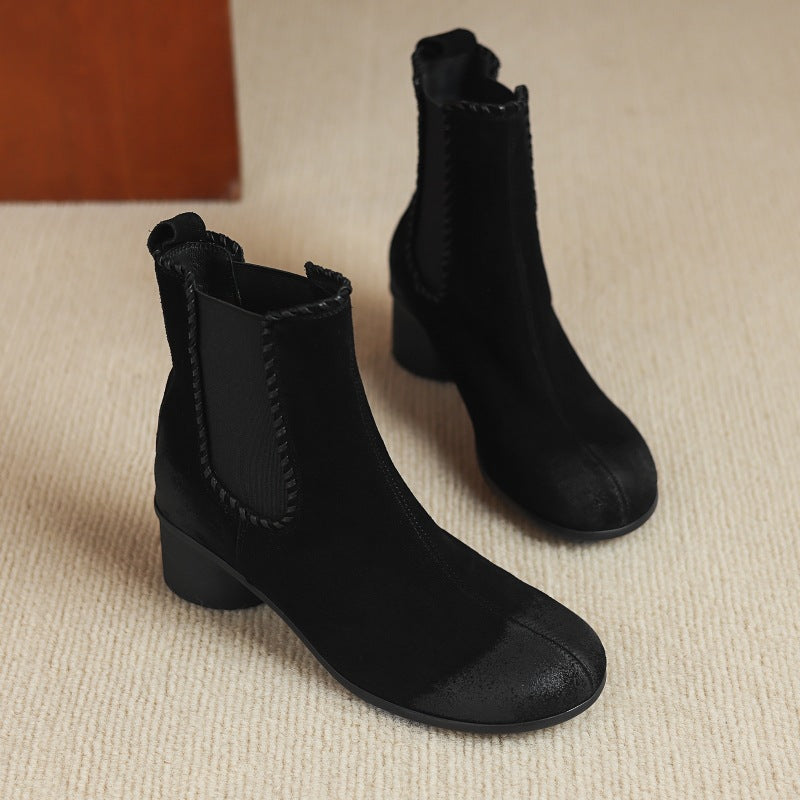Women’s black suede ankle boots with elastic gore and chunky block heel, slip-on