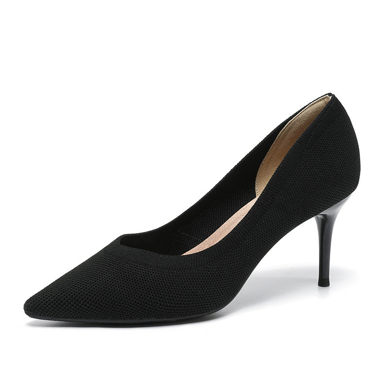 Women's pointed-toe knit stiletto pumps, black, angled side view