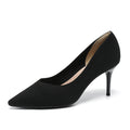 Women's pointed-toe knit stiletto pumps, black, angled side view