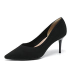 Women's pointed-toe knit stiletto pumps, black, angled side view