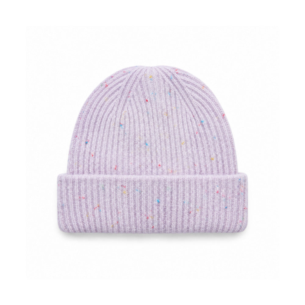 Speckled light purple rib-knit beanie with a wide folded cuff.