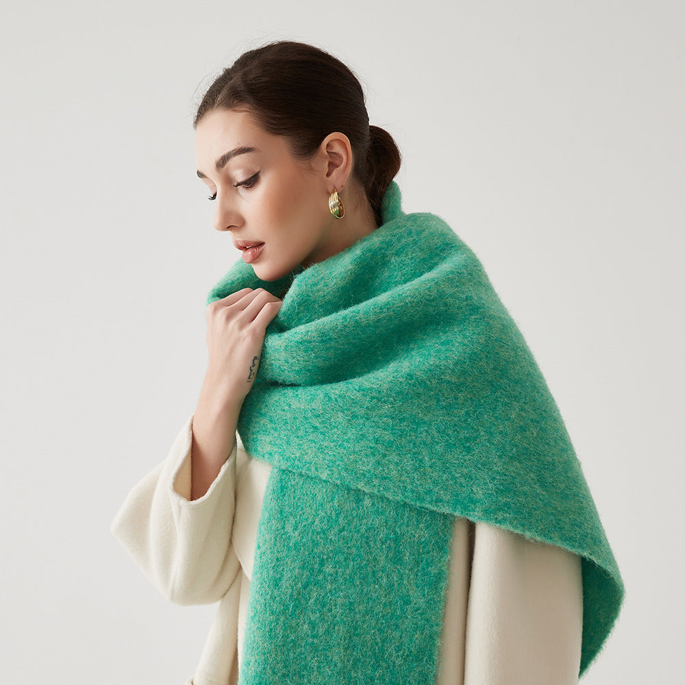 Oversized fuzzy wool-blend scarf in bright green, wide draped wrap around neck