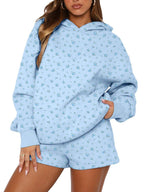 Women's sky blue floral fleece hoodie and shorts set, oversized hood and front pouch pocket