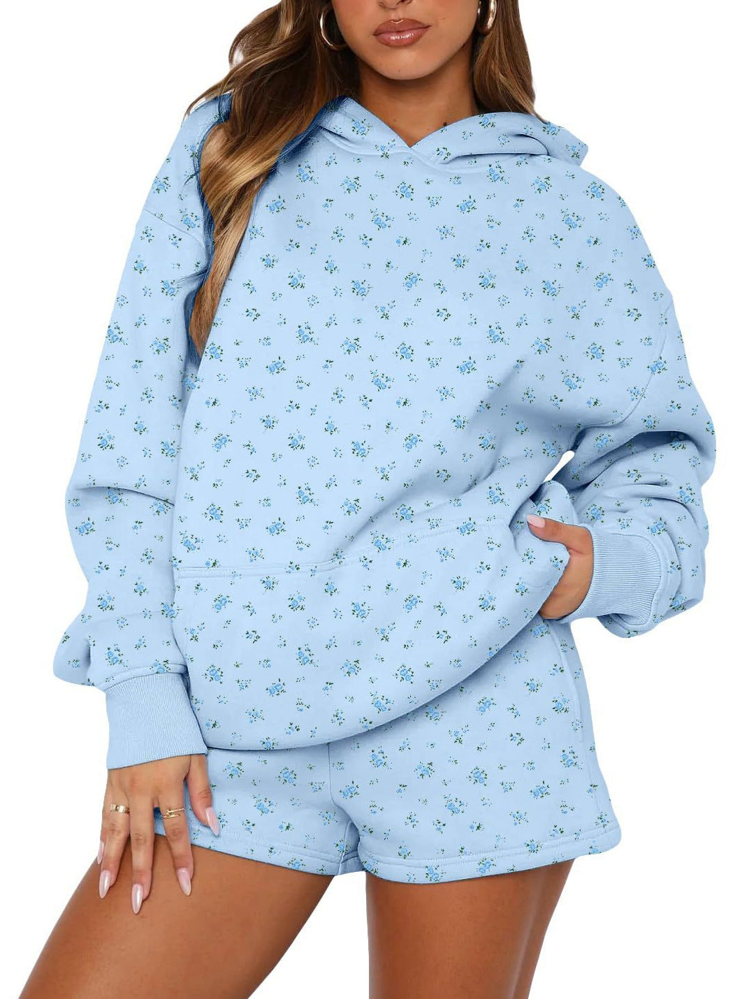 Women's sky blue floral fleece hoodie and shorts set, oversized hood and front pouch pocket