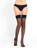 Black sheer thigh-high stockings with wide top band and back seam detailing, standing view