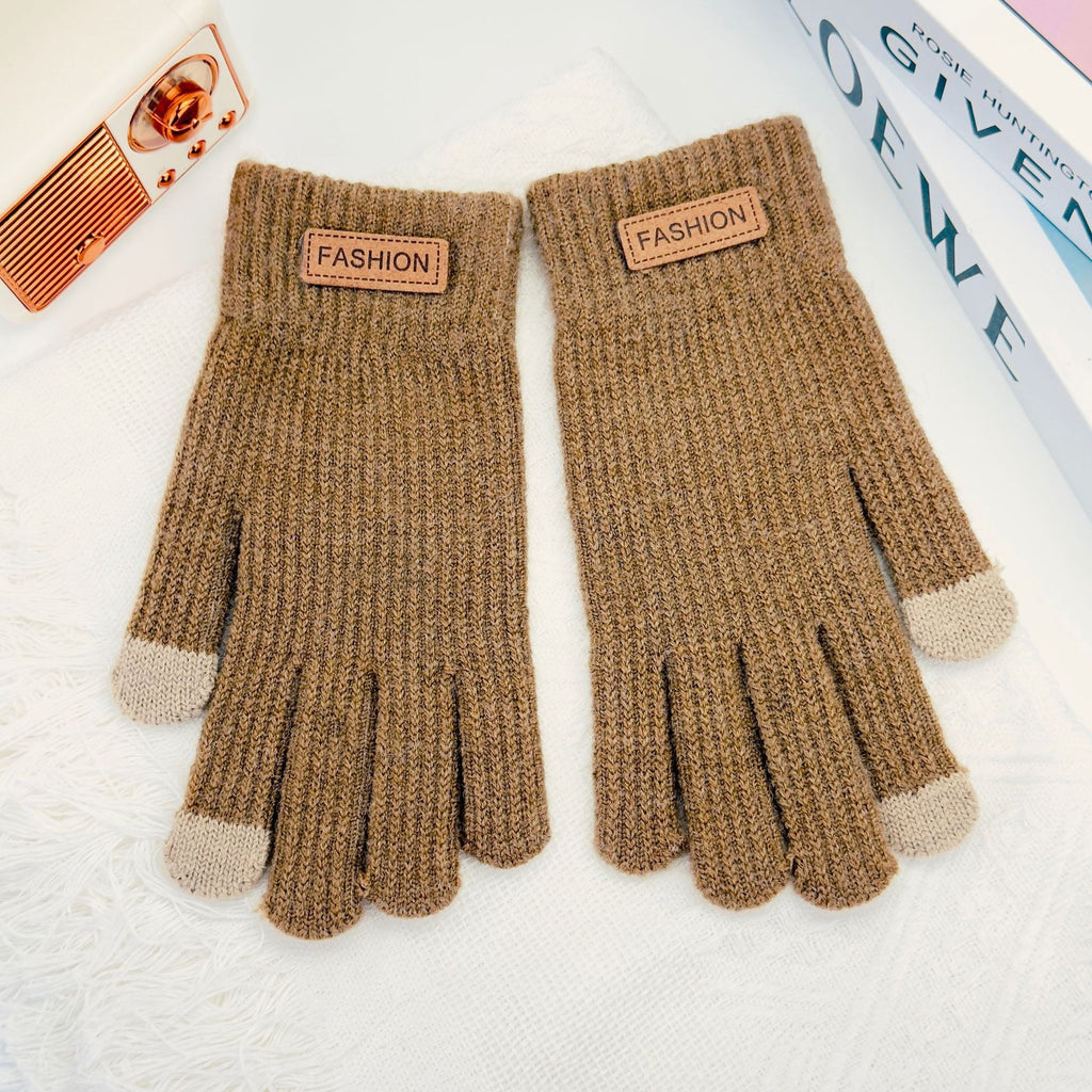 Women’s ribbed knit touchscreen gloves, brown/tan, with five-finger design