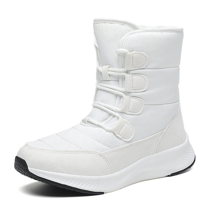 Women's fleece-lined snow boots, white high-top with hook-and-loop straps and padded collar