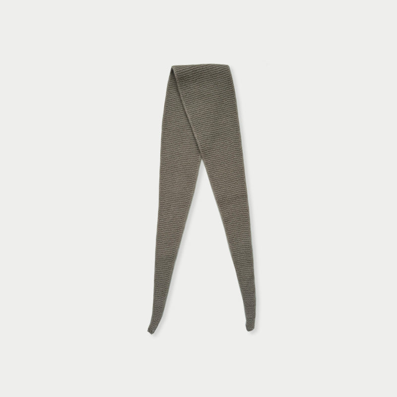 Taupe wool knit skinny scarf with pointed ends, ribbed knit texture close-up.