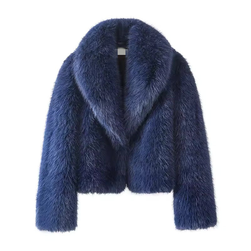 Cropped faux fur jacket with shawl collar, blue, front view