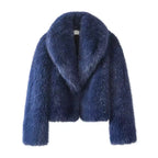 Cropped faux fur jacket with shawl collar, blue, front view