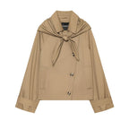 Khaki short trench coat with hood, tied scarf, and button front