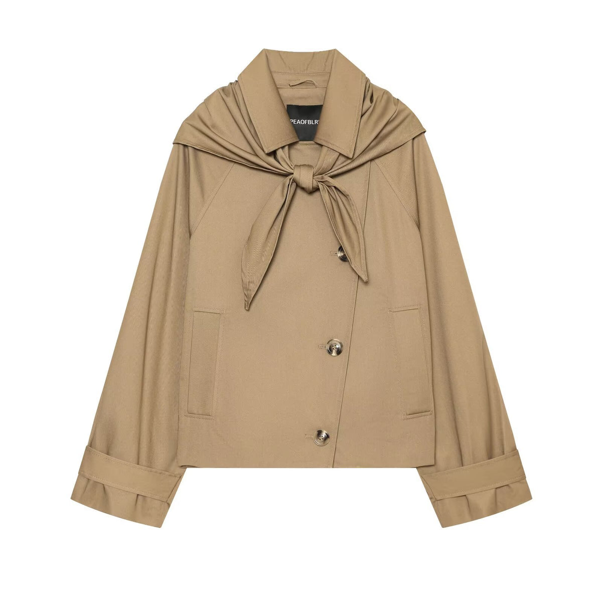 Khaki short trench coat with hood, tied scarf, and button front