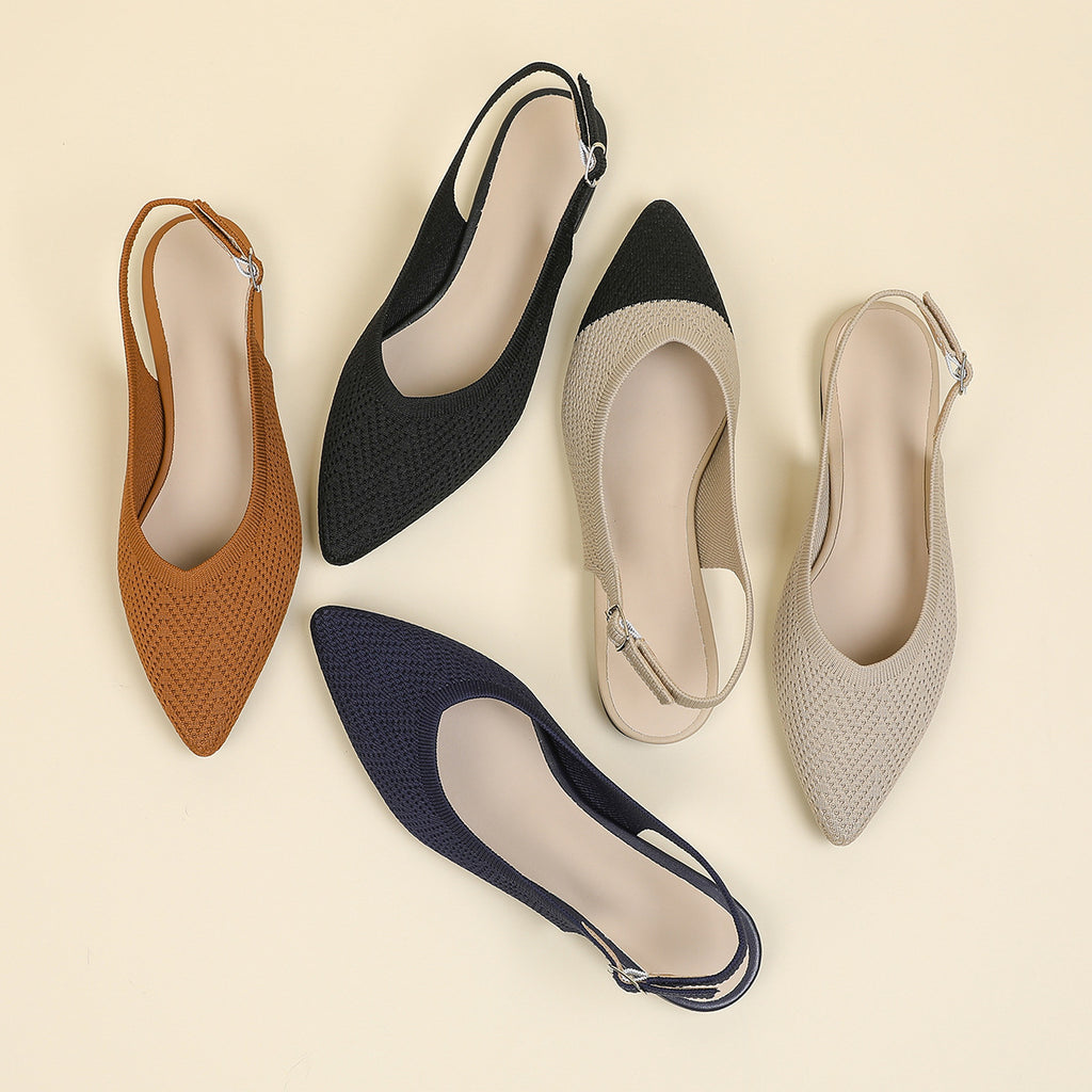 Woven pointed-toe slingback sandals, assorted colors including black, blue, beige, and orange