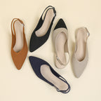 Woven pointed-toe slingback sandals, assorted colors including black, blue, beige, and orange