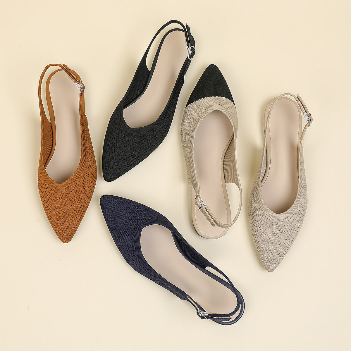 Woven pointed-toe slingback sandals, assorted colors including black, blue, beige, and orange