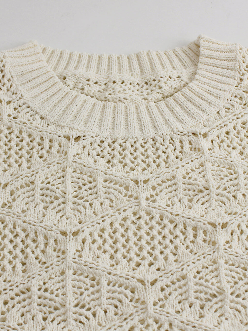 Off-white cropped sweater neckline with scalloped eyelet lace trim and open pointelle knit texture