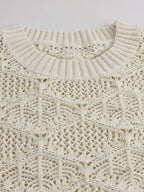 Off-white cropped sweater neckline with scalloped eyelet lace trim and open pointelle knit texture