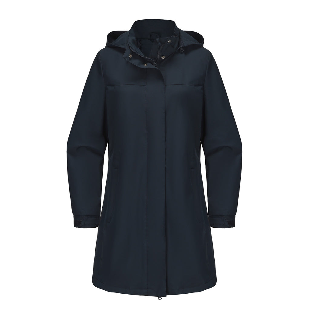 Navy hooded long rain jacket with front zipper and snap button storm flap.
