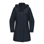 Navy hooded long rain jacket with front zipper and snap button storm flap.