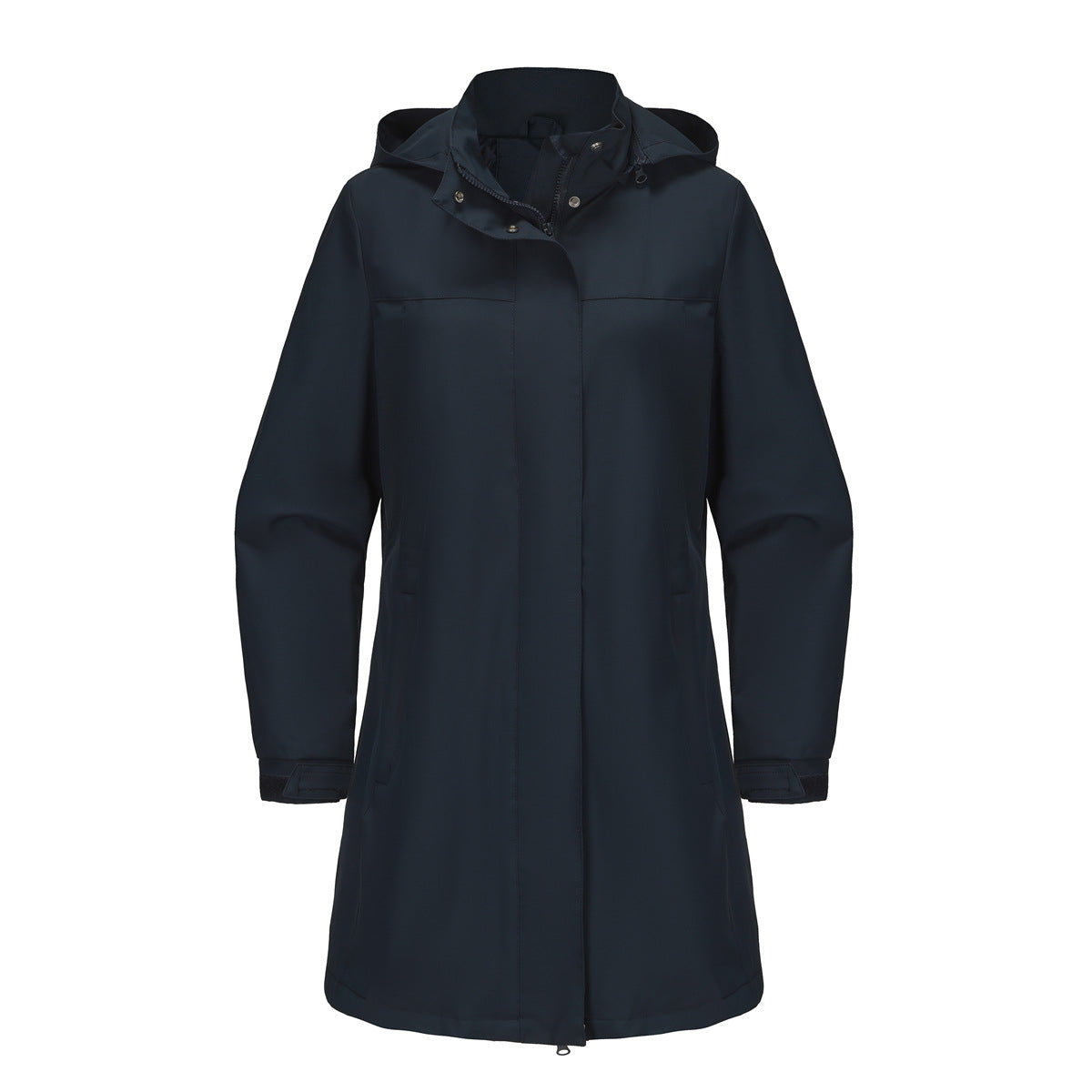 Navy hooded long rain jacket with front zipper and snap button storm flap.