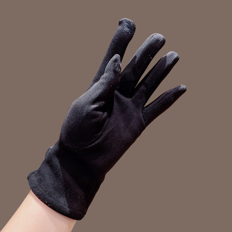 Black faux suede gloves with textured finish, full-finger design