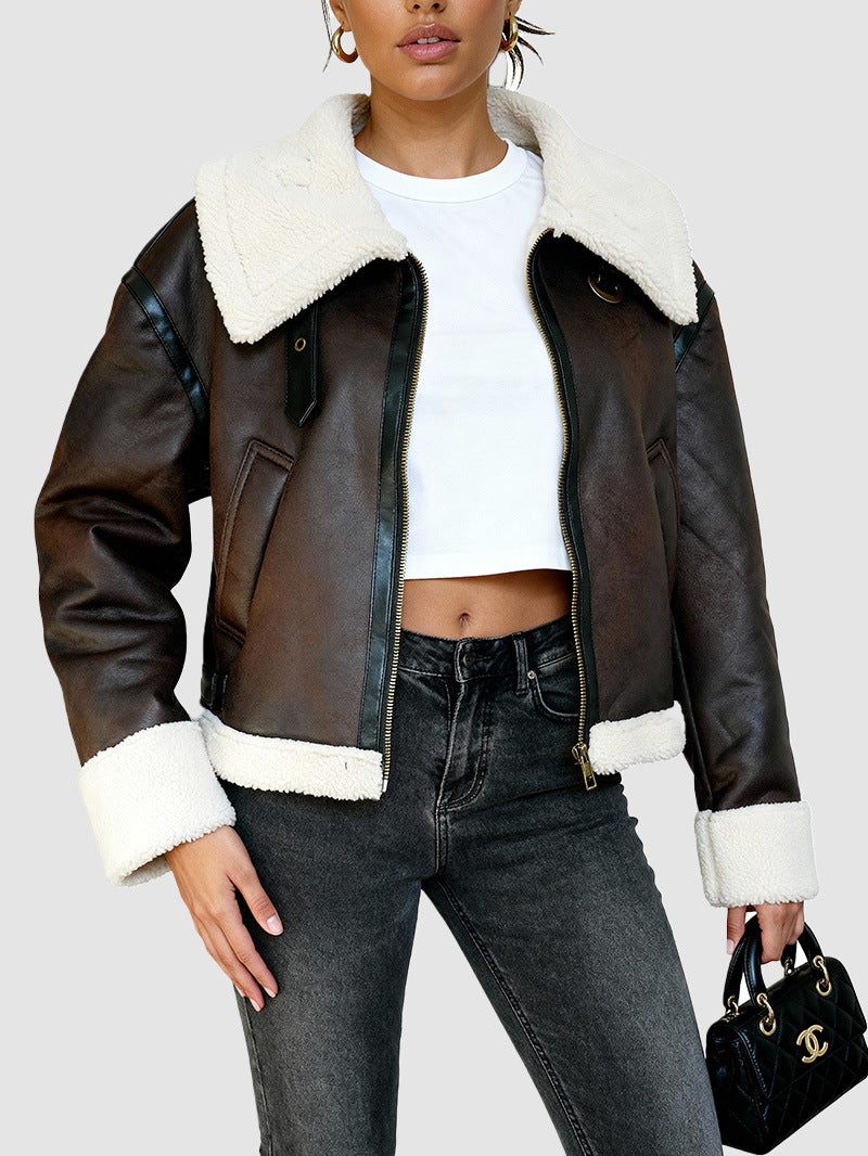 Women’s cropped aviator faux leather jacket, white sherpa collar and cuffs, front pockets
